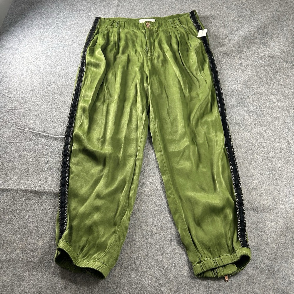 ANTHROPOLOGIE Pants 6 Petite Satin Slouch Pleated Jogger Ankle Zip Viscose Green